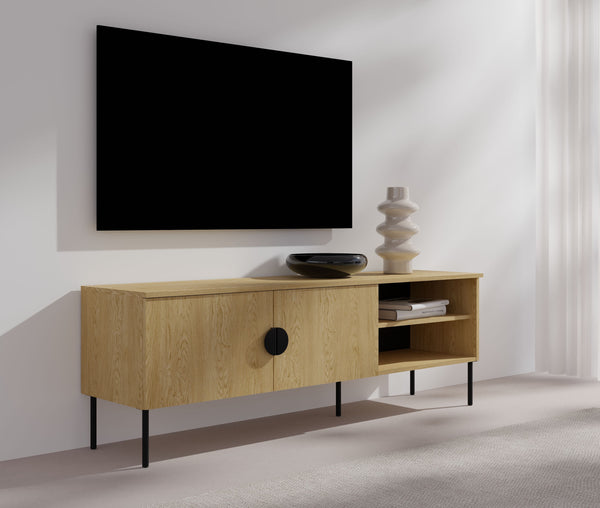 Szafka RTV ROVERE 160 cm dąb z czarnymi uchwytami na metalowych nogach