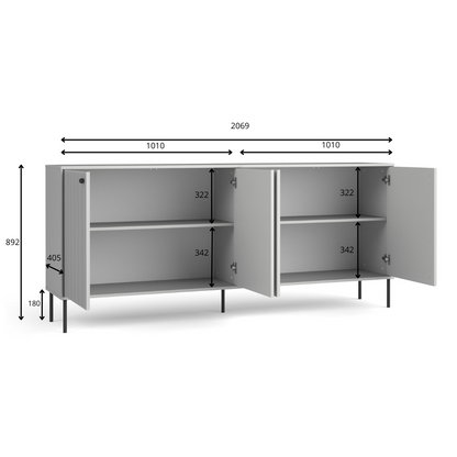 Rysunek techniczny z wymiarami: Komoda SORA 207 cm szara ryflowana czterodrzwiowa