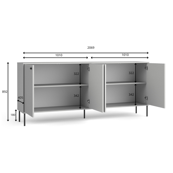 Komoda SORA 207 cm szara ryflowana czterodrzwiowa, rysunek techniczny z wymiarami