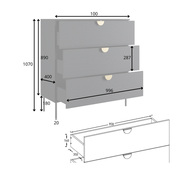 Komoda AURO 100 cm czarna z 3 szufladami, rysunek techniczny z wymiarami