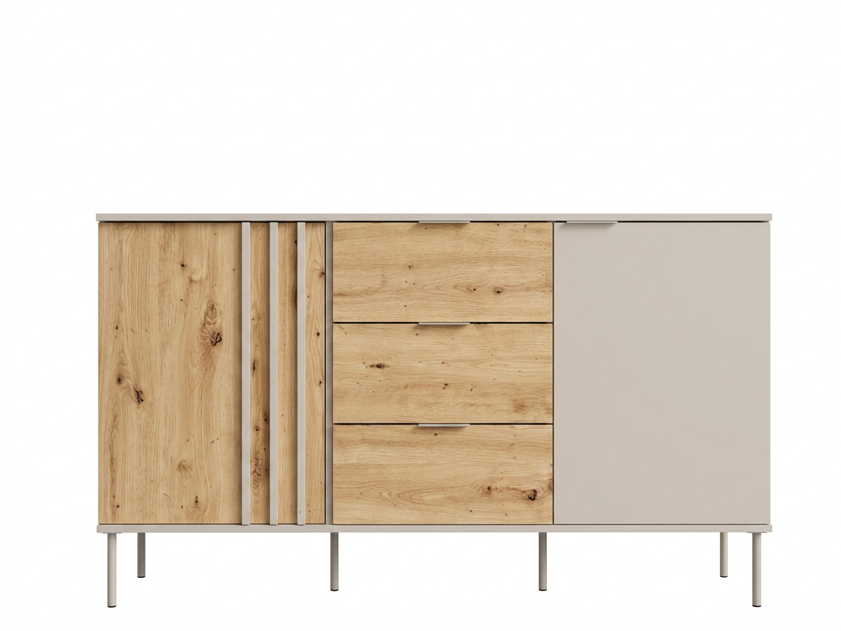 Komoda LATTE 165 cm beżowa z dębem artisan i szufladami, widok z przodu
