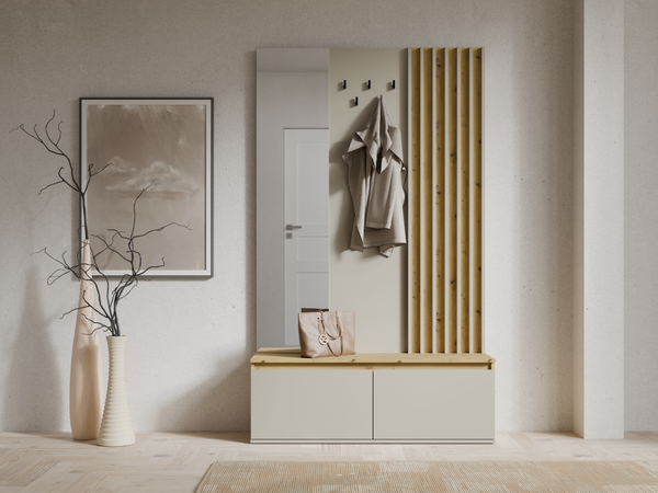 Garderoba ATRIO 120 cm z lamelami, lustrem i wieszakami, dąb artisan z beżem