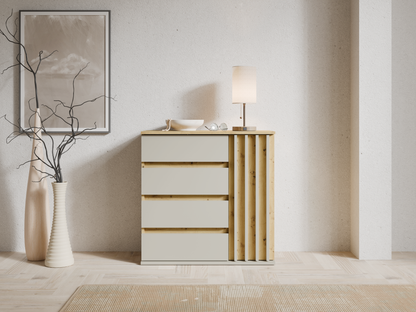 Komoda ATRIO 80 cm z czterema szufladami i drzwiami, dąb artisan z beżem