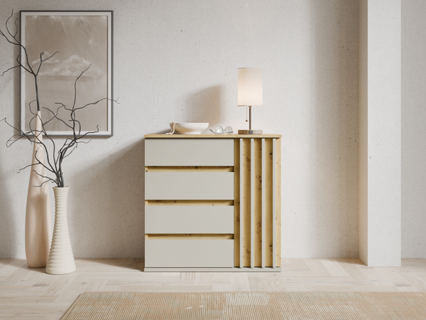 Komoda ATRIO 80 cm z 4 szufladami do przedpokoju, dąb artisan z beżem
