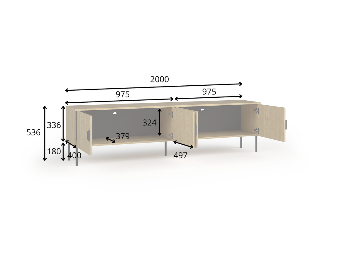 Rysunek techniczny z wymiarami: Szafka RTV AURO 200 cm czarna pod TV 75 cali