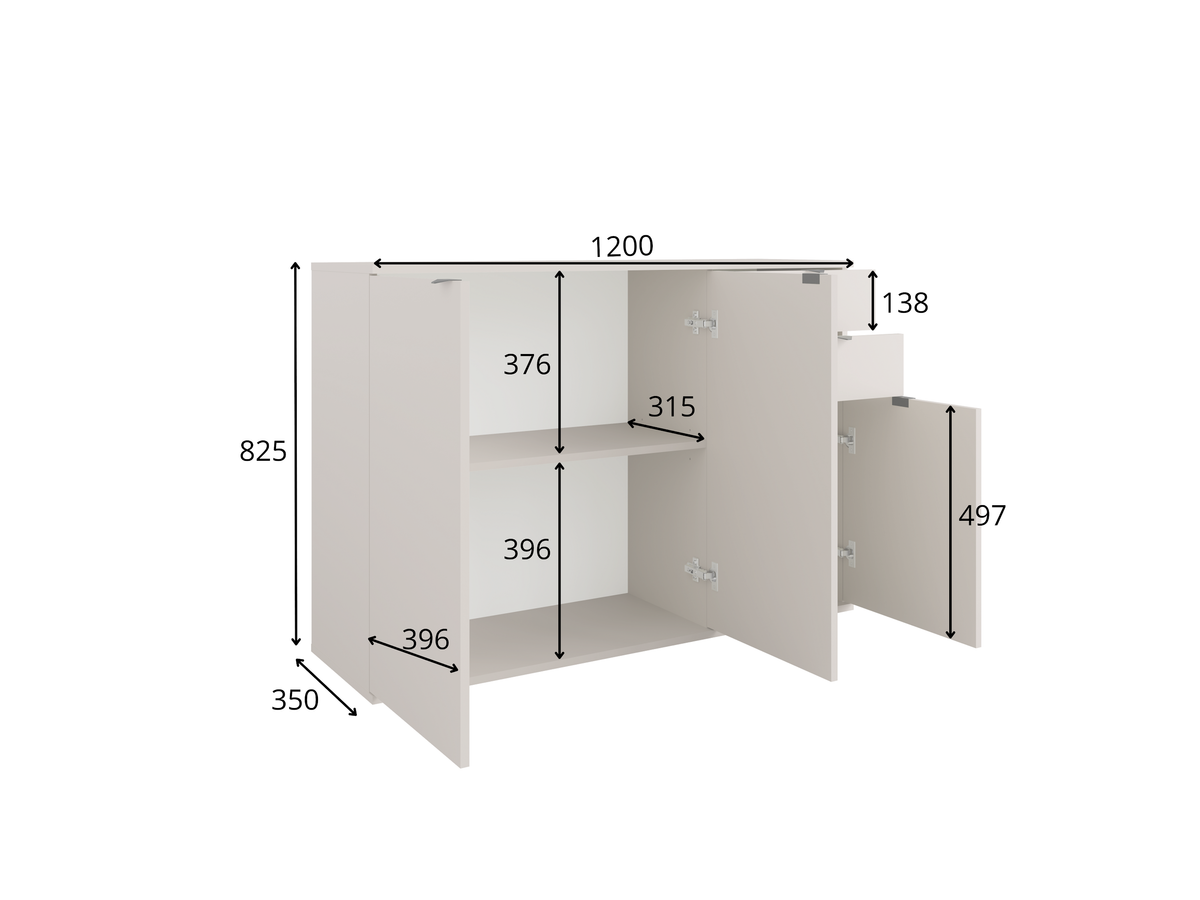 Rysunek techniczny z wymiarami: Komoda MODO 120 cm dąb artisan z szufladami