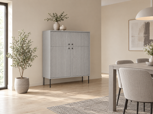 Kredens SORA 105 cm szary ryflowany czterodrzwiowy