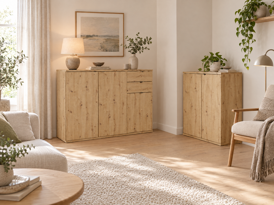 Wizualizacja salonu z komodami MODO 120 i 60 cm w kolorze dąb artisan