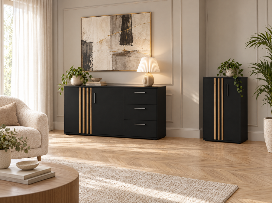 Wizualizacja salonu z czarnymi komodami PURO 120 i 60 cm z lamelami