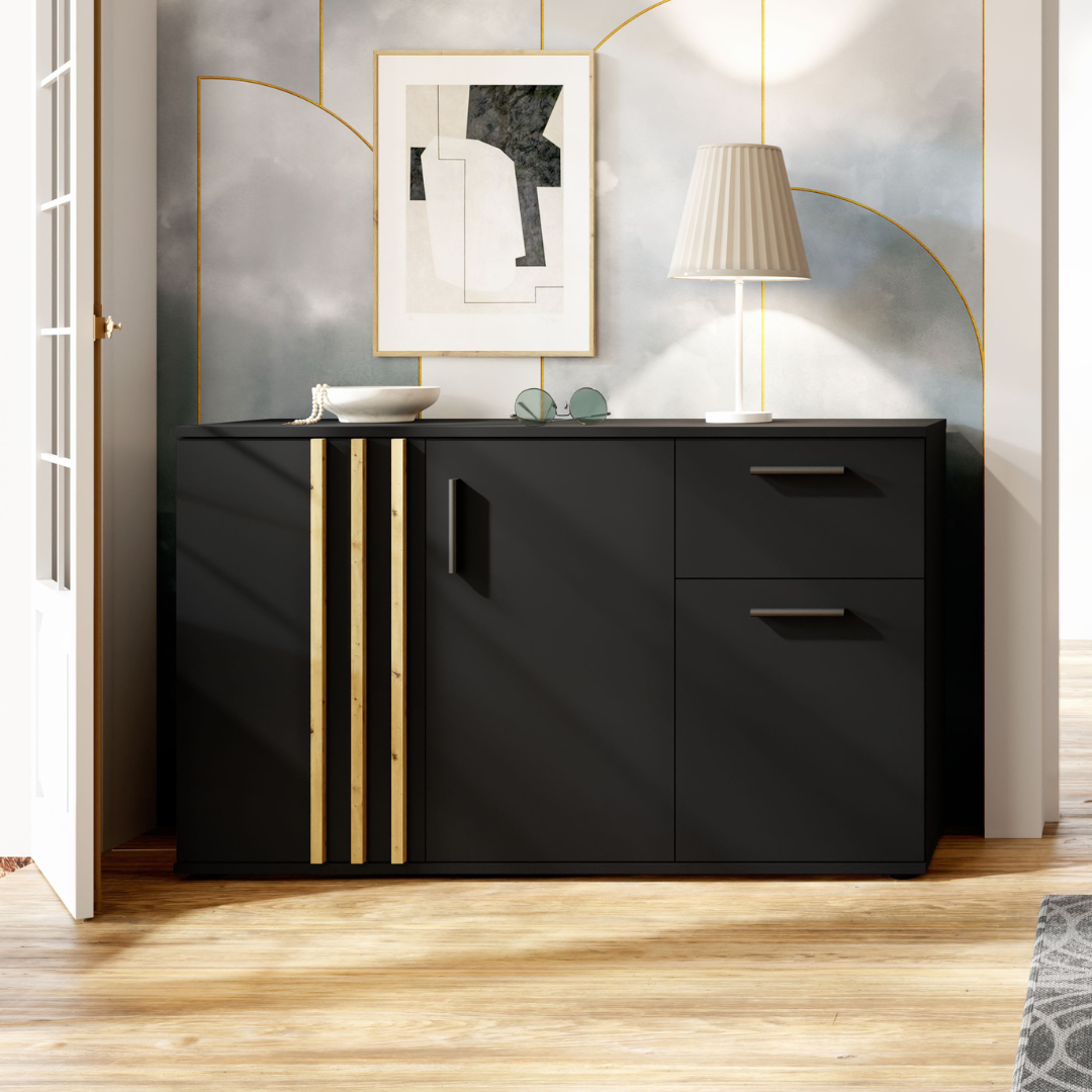 Komoda PURO 120 cm, czarna, lamelowy front