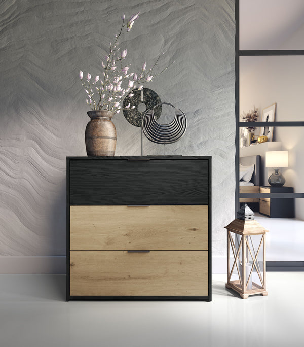 Komoda NERO 80 cm czarna z dębem artisan i 3 szufladami