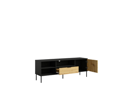 Czarna szafka RTV NOTTE 160 cm z lamelowym frontem i dębem artisan, ujęcie 2