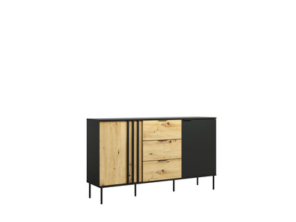 Czarna komoda NOTTE 165 cm z lamelami, szufladami i dębem artisan