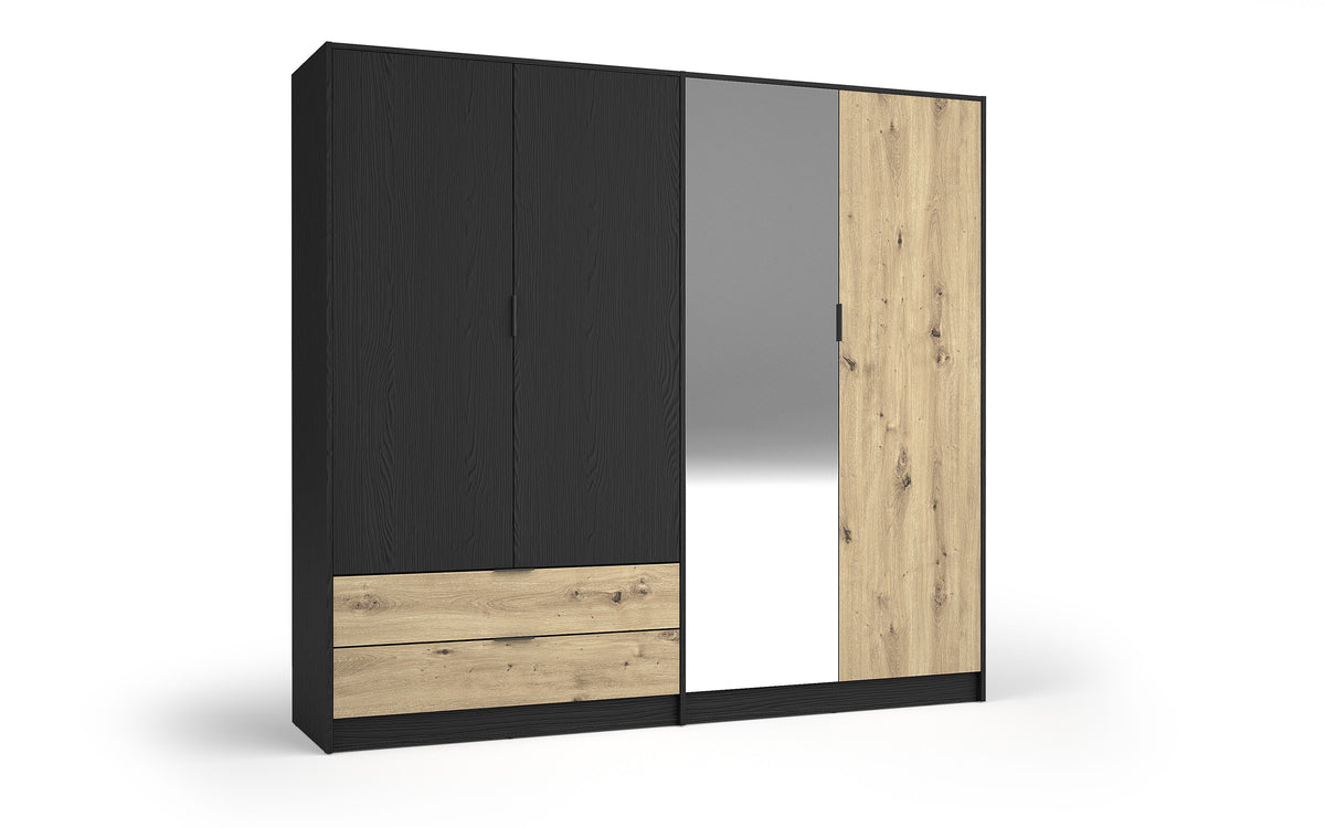 Czarna szafa NERO 220 cm z dębem artisan, czterema drzwiami i szufladami, ujęcie 2