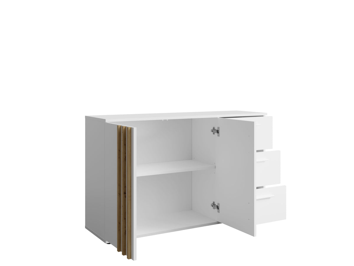 Komoda PURO 120 cm z szufladami, biała, lamelowy front, ujęcie 2