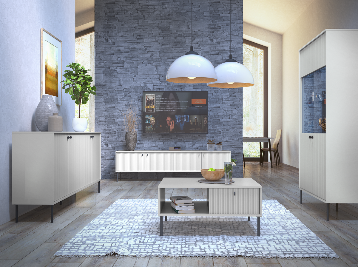 Szafka RTV SORA 207 cm szara ryflowana pod TV 75 cali