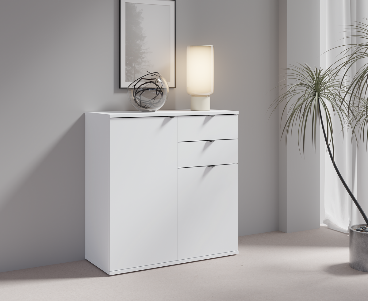 Komoda MODO 80 cm biała, drzwi i 2 ciche szuflady, wnętrze