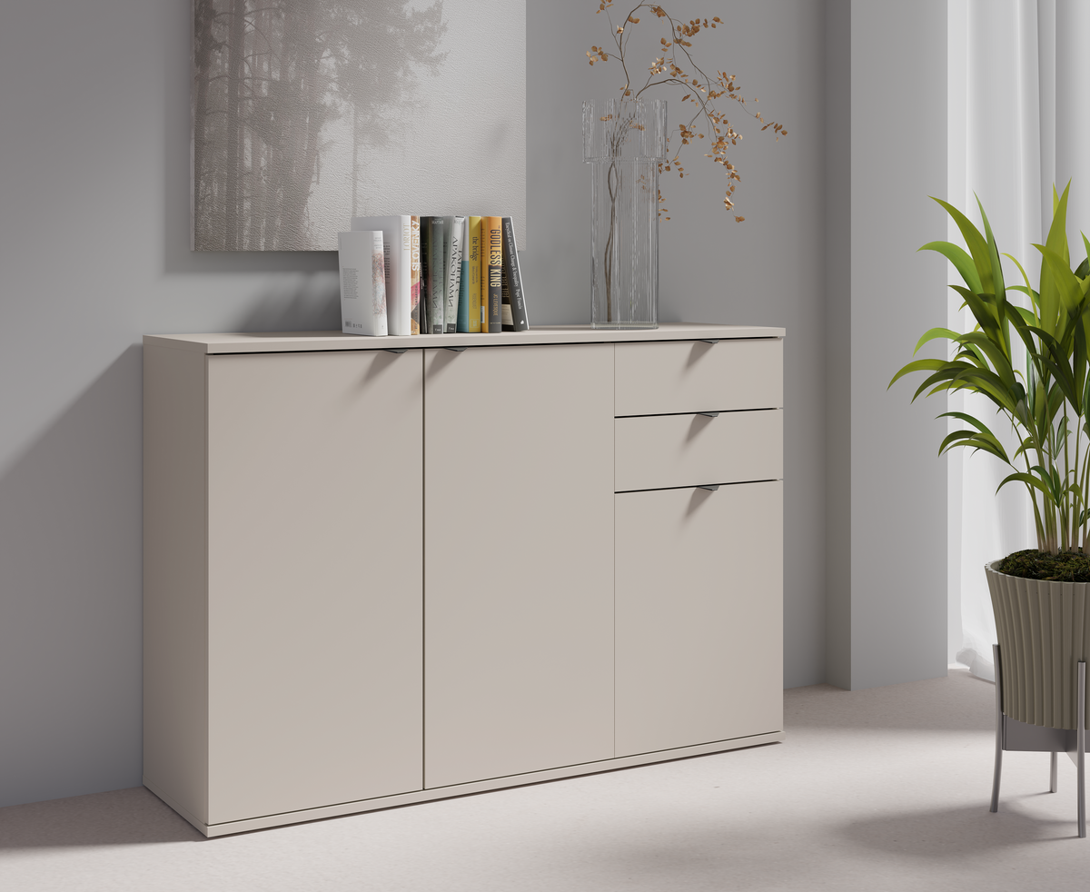 Komoda MODO 120 cm beżowa, 3 drzwi i 2 ciche szuflady