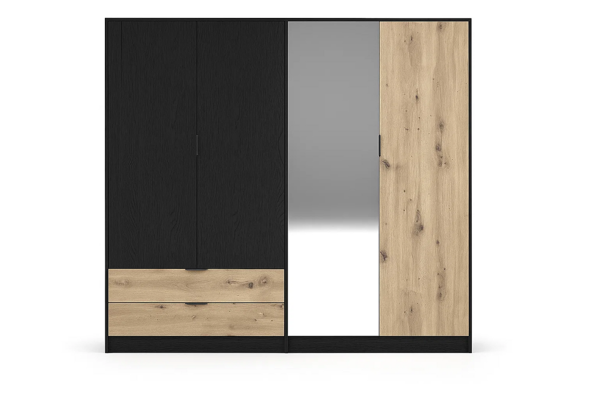 Czarna szafa NERO 220 cm z dębem artisan, czterema drzwiami i szufladami, ujęcie 3