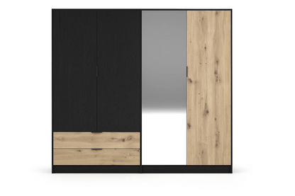 Czarna szafa NERO 220 cm z dębem artisan, czterema drzwiami i szufladami, ujęcie 3