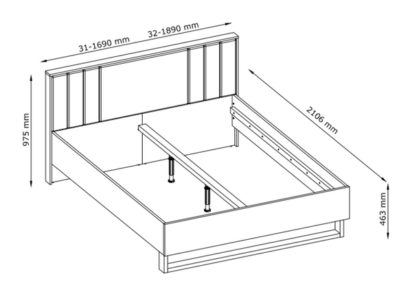 Łóżko AURO II 31 pod materac 160 cm czarne z tapicerowanym zagłówkiem, rysunek techniczny z wymiarami